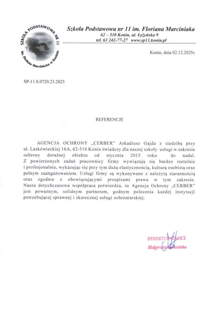 Referencje i podziękowania dla Agencji Ochrony CERBER Konin